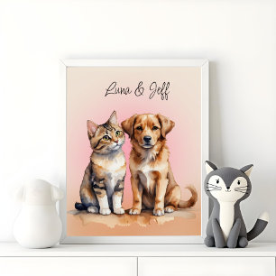 Cute Cat & Dog Watercolor Poster