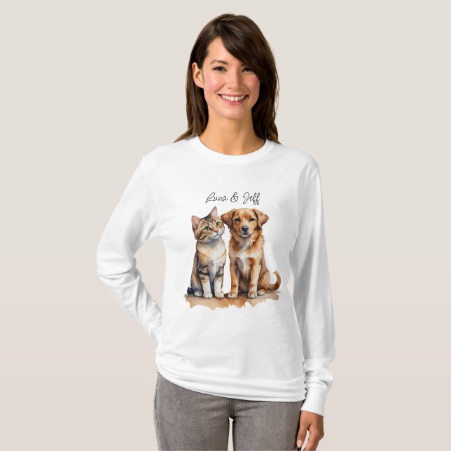 Cute Cat & Dog Watercolor T-Shirt (Front Full)