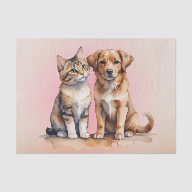 Cute Cat & Dog Watercolor Tissue Paper (Front)