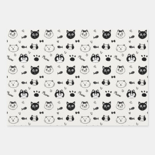 Cute Cat Doodle Pattern – Black and White Cat Face Wrapping Paper Sheet