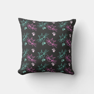 Cute Cat Doodles Pink Teal Pet Black   Cushion