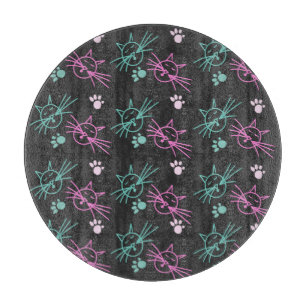 Cute Cat Doodles Pink Teal Pet Black       Cutting Board