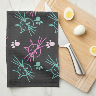 Cute Cat Doodles Pink Teal Pet Black      Tea Towel
