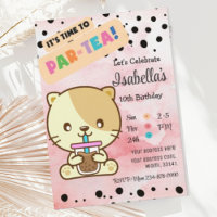 Cute Cat Drinking Boba Tea Birthday Invitation