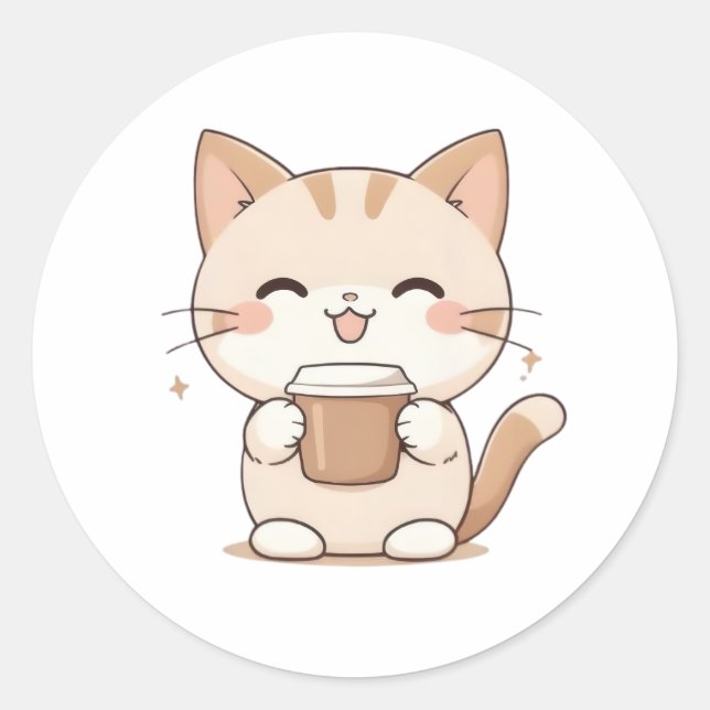 Cute Cat Drinking Coffee Kawaii Design Classic Round Sticker (Front)