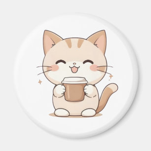 Cute Cat Drinking Coffee Kawaii Design Magnet