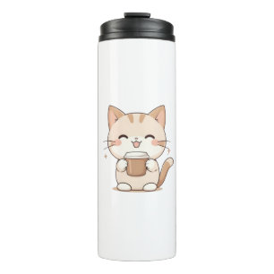 Cute Cat Drinking Coffee Kawaii Design Thermal Tumbler
