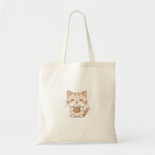 Cute Cat Drinking Coffee Kawaii Design Tote Bag