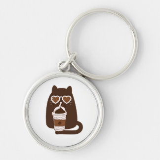 Cute Cat Drinking Iced Coffee Silver Keychain