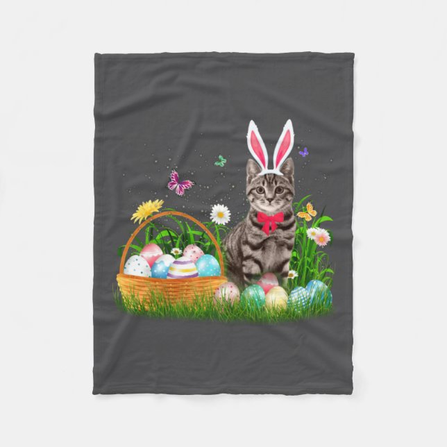 Cute Cat Easter Day Bunny Eggs Fleece Blanket (Front)