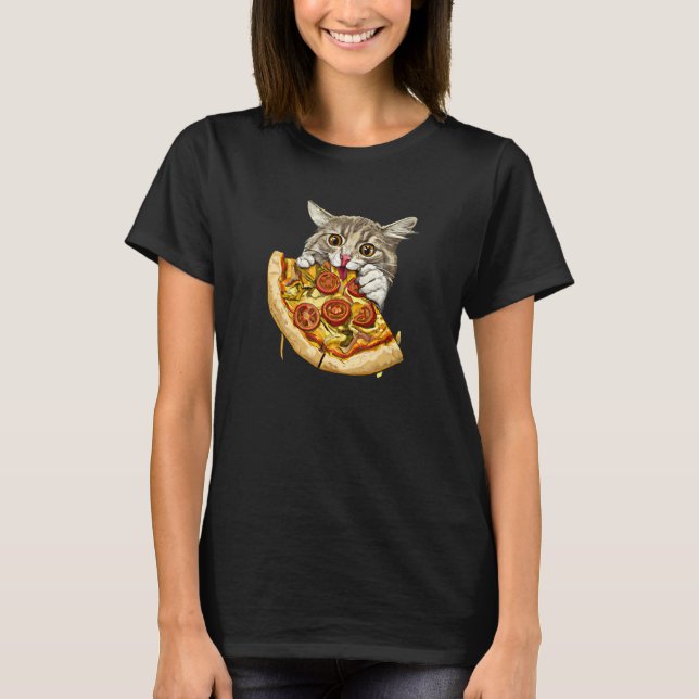 Cute Cat Eat Pizza T-Shirt (Front)