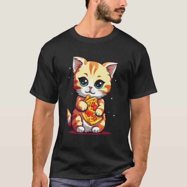 Cute Cat eating a pizza T-Shirt (Front)