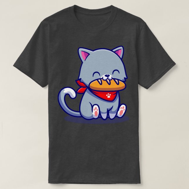 Cute Cat Eating Bread Cartoon T-Shirt (Design Front)