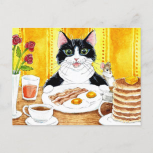 Cute cat eating breakfast postcard