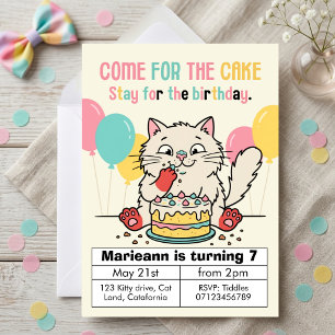 Cute Cat Eating Cake Colourful Pastel Birthday Invitation