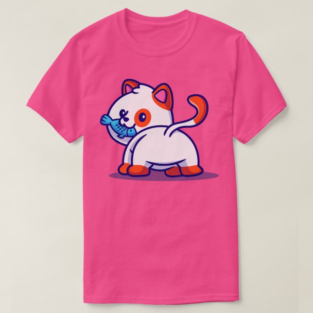 Cute Cat Eating Fish Cartoon1 T-Shirt (Design Front)