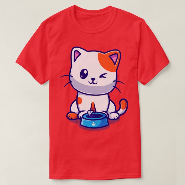 Cute Cat Eating Fish Cartoon T-Shirt (Design Front)