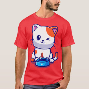 Cute Cat Eating Fish Cartoon T-Shirt