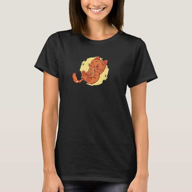 Cute Cat Eating Pizza T-Shirt (Front)