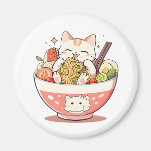Cute Cat Eating Ramen Bowl Kawaii Design Magnet