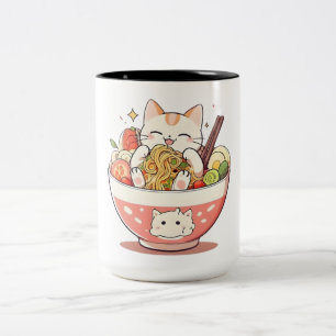 Cute Cat Eating Ramen Bowl Kawaii Design Two-Tone Coffee Mug