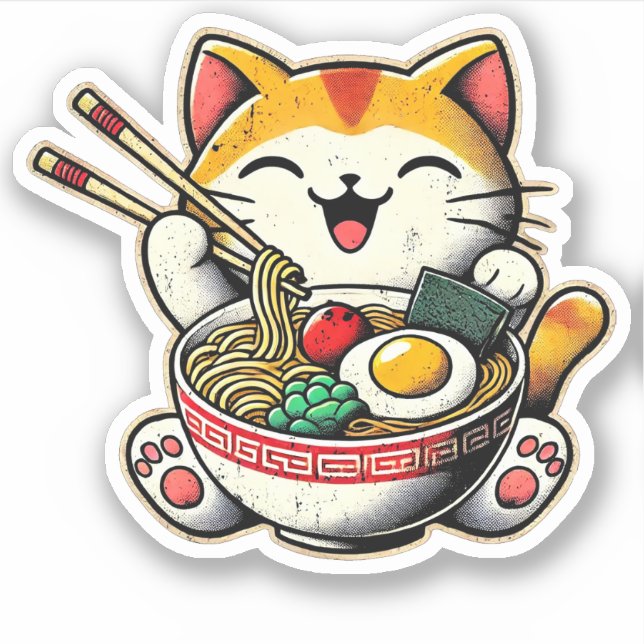 Cute Cat Eating Ramen Custom-Cut Vinyl Stickers (Front)