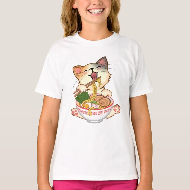 Cute Cat Eating Ramen Funny cartoon Anime kitty T-Shirt (Front)