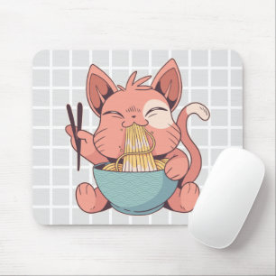 Cute Cat Eating Ramen Grid Mouse Pad
