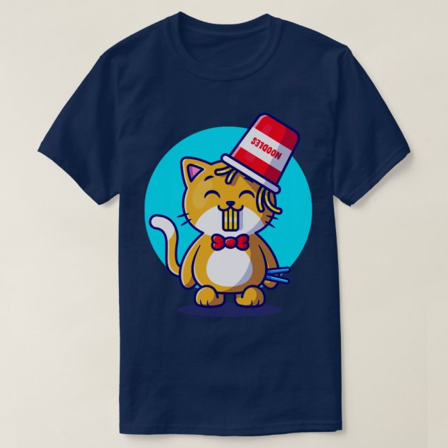 Cute Cat Eating Ramen Noodle With Chopstick Cartoo T-Shirt (Design Front)