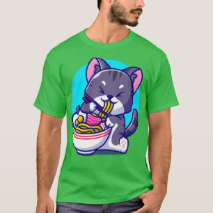 Cute Cat Eating Ramen Noodle With Chopstick Cartoo T-Shirt