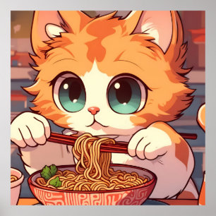 Cute Cat Eating Ramen Noodles Poster