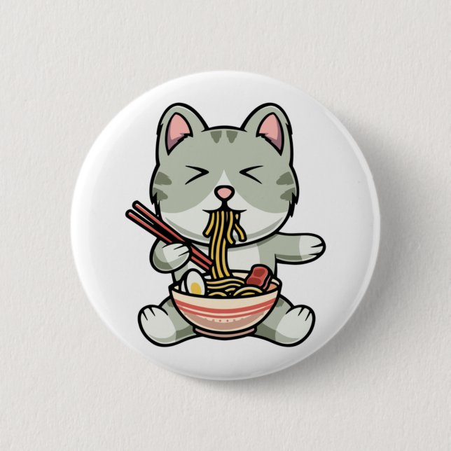 Cute cat eating soba noodles cartoon icon illustra 6 cm round badge (Front)