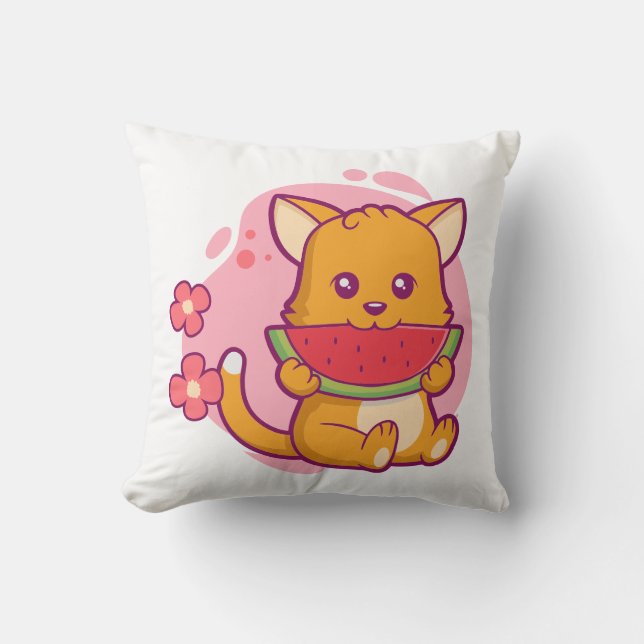 Cute Cat Eating Watermelon | Kawaii Cushion (Front)
