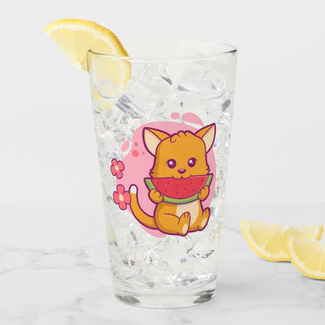 Cute Cat Eating Watermelon | Kawaii Glass (Front Ice)