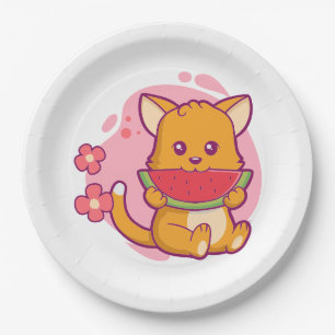 Cute Cat Eating Watermelon Kawaii Paper Plate