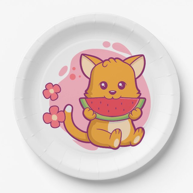 Cute Cat Eating Watermelon | Kawaii Paper Plate (Front)