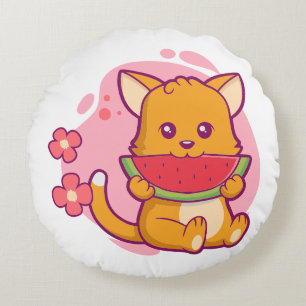 Cute Cat Eating Watermelon Kawaii Round Cushion