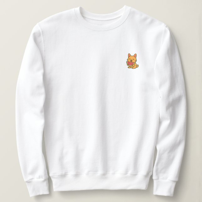 Cute Cat Eating Watermelon – Minimal Chest Print Sweatshirt (Design Front)