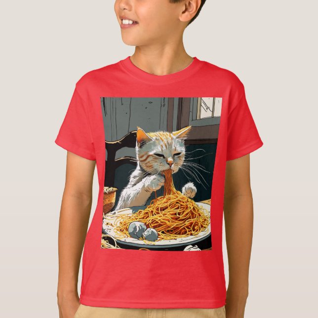 CUTE CAT EATTING SPAGHETTI T-Shirt (Front)