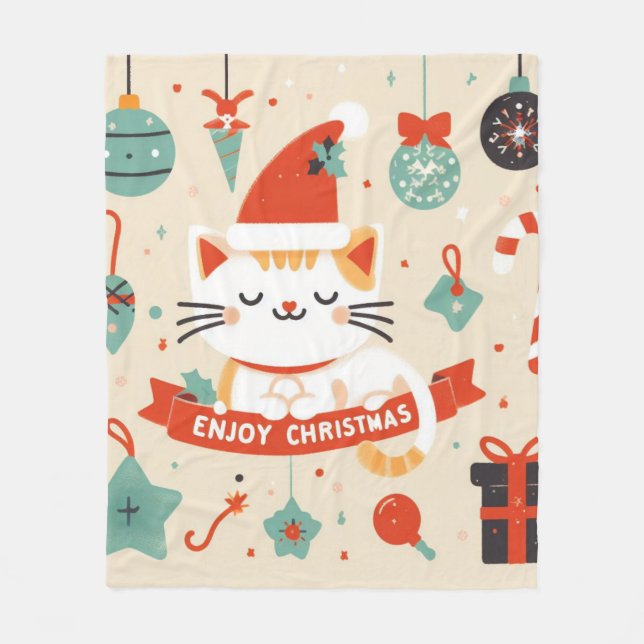 Cute Cat Enjoy Christmas season  Fleece Blanket (Front)