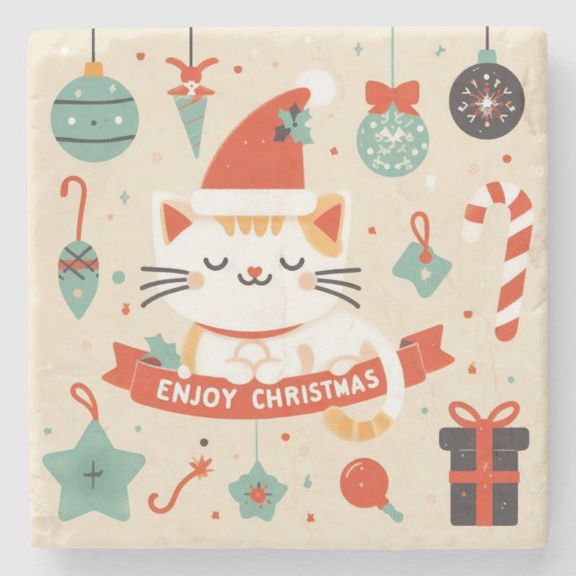 Cute Cat Enjoy Christmas season  Stone Coaster (Front)