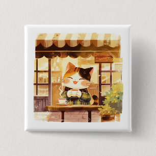 Cute Cat Enjoying Coffee at Cosy Cafe 15 Cm Square Badge
