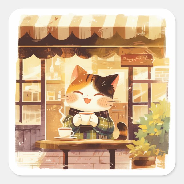 Cute Cat Enjoying Coffee at Cosy Cafe Square Sticker (Front)