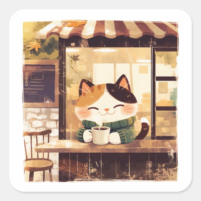 Cute Cat Enjoying Coffee at Cosy Cafe Square Sticker (Front)