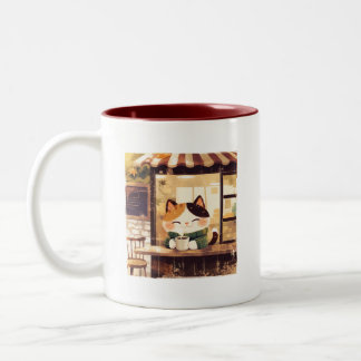 Cute Cat Enjoying Coffee at Cosy Cafe Two-Tone Coffee Mug