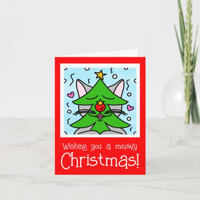 Cute Cat Face Christmas Tree Holiday Card (Front)