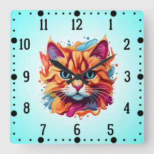 Cute Cat Face Digital Art Design-87002 Square Wall Clock