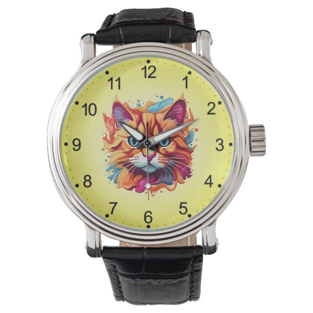 Cute Cat Face Digital Art Design-87002 Watch (Front)