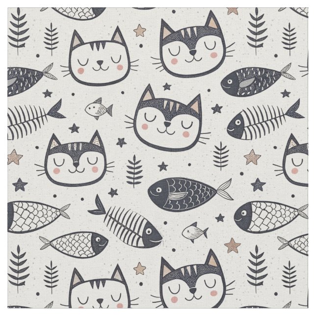 Cute Cat Face & Fish Bones Pattern - Kids Design Fabric (Close Up)