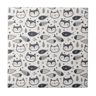 Cute Cat Face & Fish Bones Pattern - Kids Design Tile